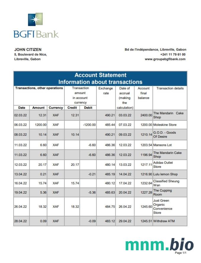 Szablon wyciągu bankowego Gabon BGFI, format Excel i PDF